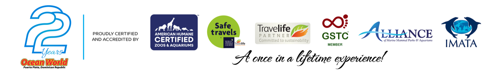 Ocean World 22 years and recognition logos including American Humane, Travelife, GSTC, AMMPA and IMATA