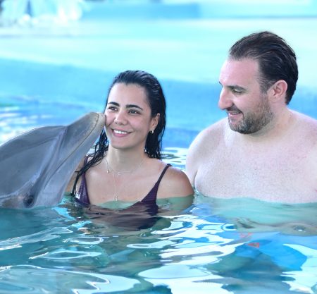 Family enjoying a shallow-water dolphin encounter