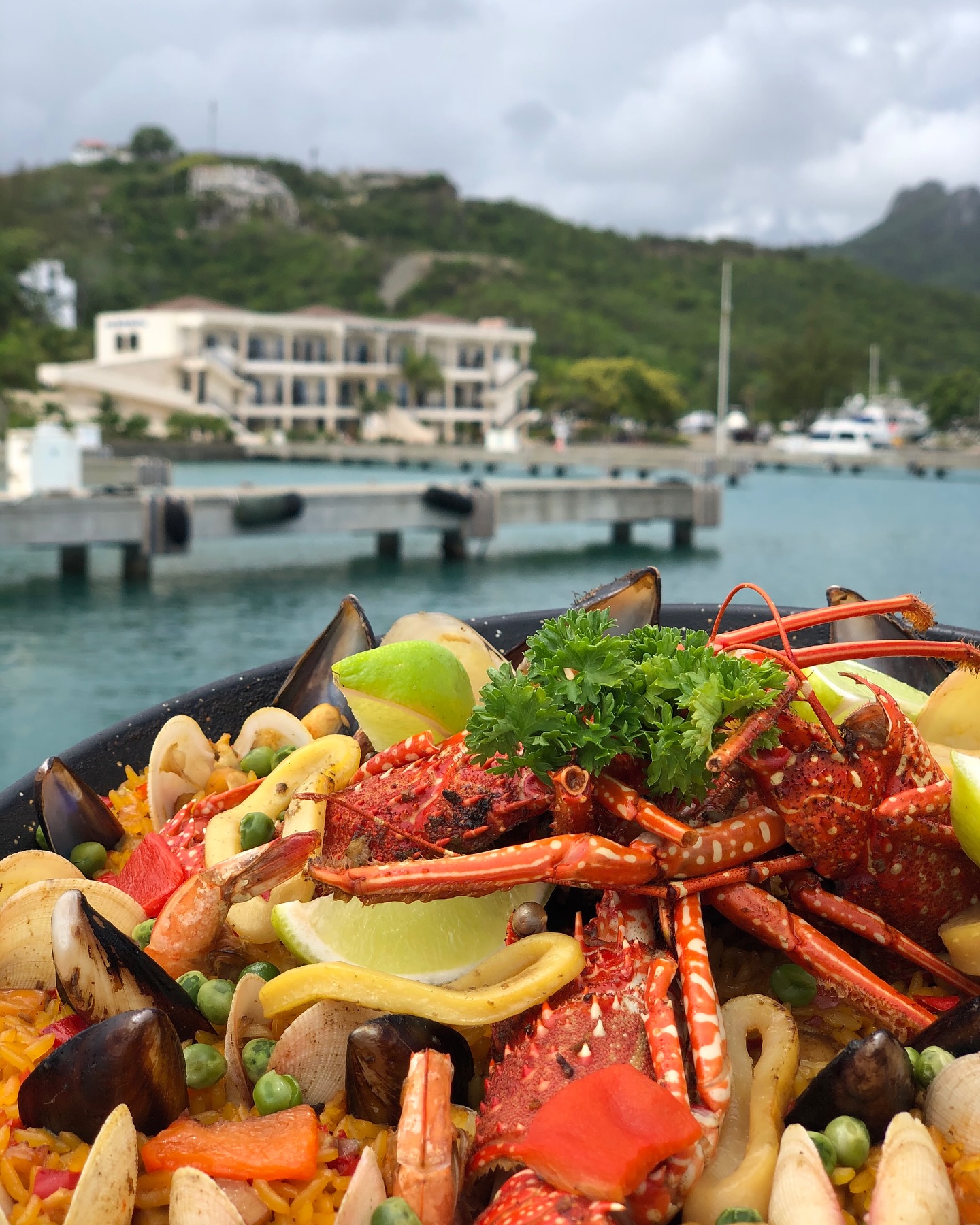 Fresh seafood platter served beside Ocean World Marina